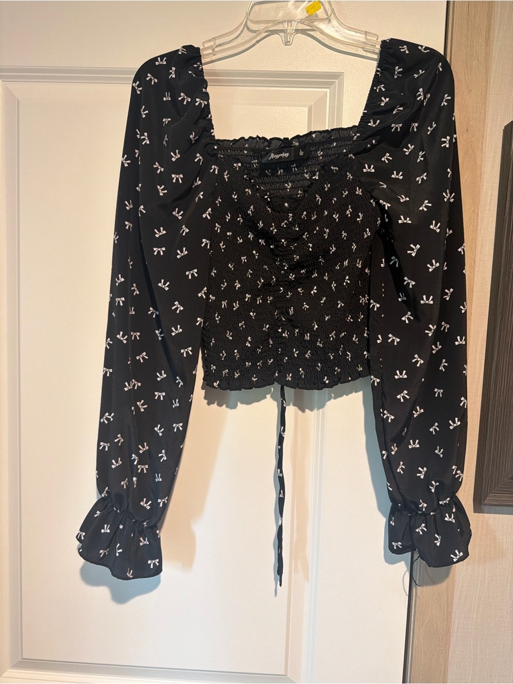 Hesperus Black Smocked Peasant Blouse with White Bow Print
